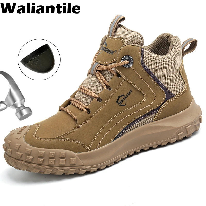 

Waliantile Skid Proof Safety Boots Men Shoes Puncture Proof Anti-smash Work Boots Steel Toe Construction Indestructible Footwear