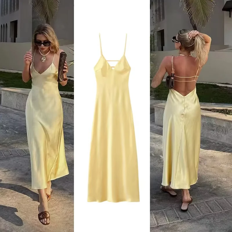 

2025 été femmes col en v robe jaune Sexy dos nu femmes décontracté mince tache Texture fronde longue robe pour la plage fête