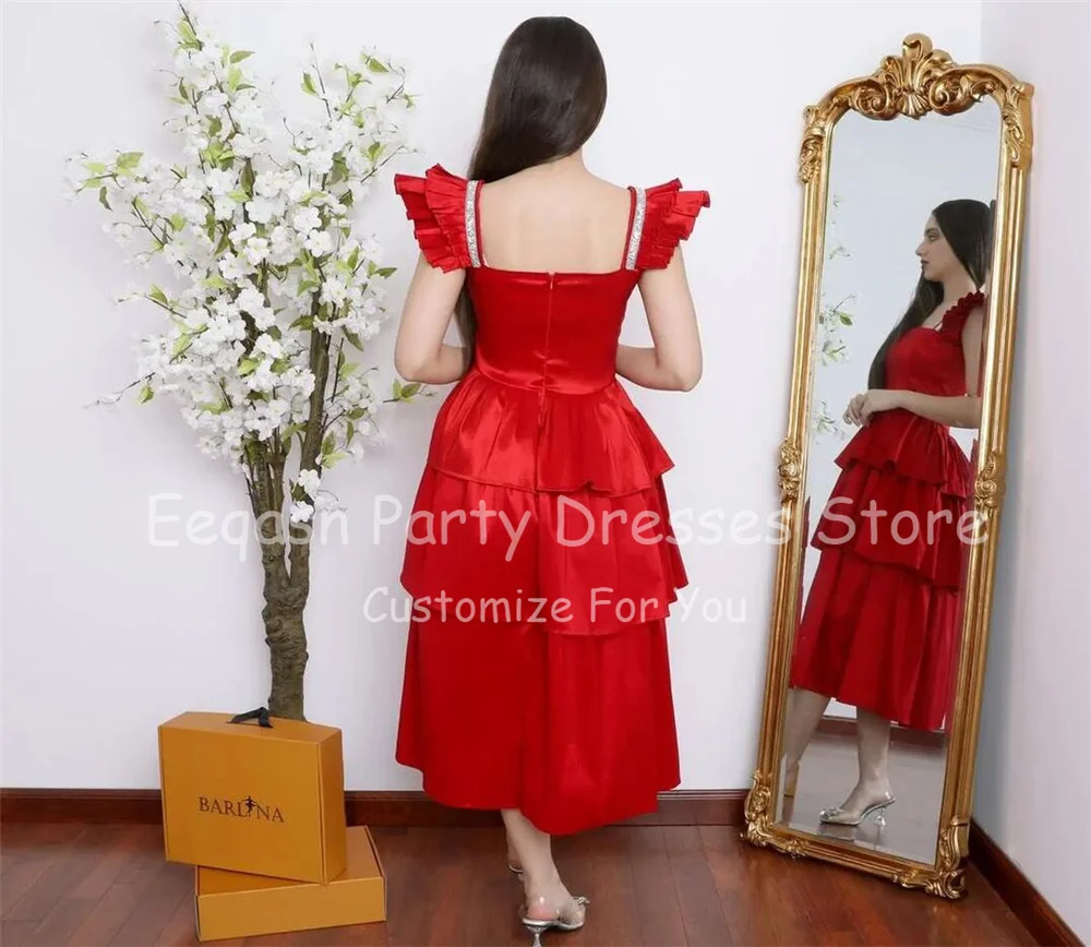 Eeqasn Red Satin Midi Prom Dresses Tiered Skirt Saudi Arabia Formal Evening Gowns Tea-Length Dubai Women Wedding Party Gowns