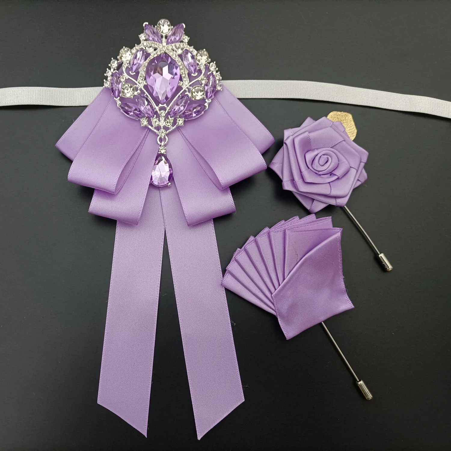 جديد فاخر حجر الراين الزفاف ربطة القوس فيونكة بروش جيب منشفة مجموعة رجال الأعمال مأدبة دعوى قميص اكسسوارات الزفاف 3 قطعة مجموعة