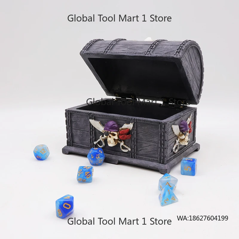 

Custom Wholesale Pirate Dn-d Dice Storage Box Unique Design Resin Skull Trinket Jewelry Pirate Mini Treasure Chest Decor