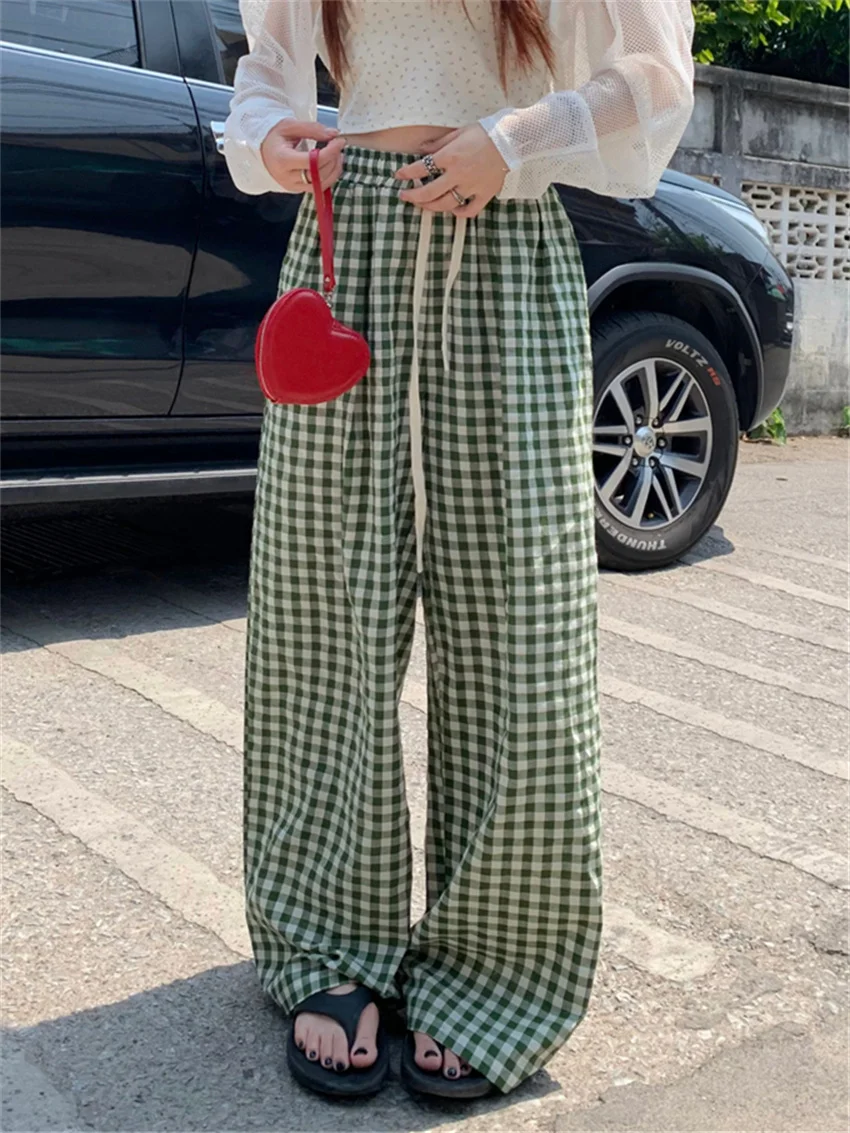 

PLAMTEE 2024 Green Loose Pants Plaid Wide Leg Casual New All Match Chic Mujer Summer New OL High Street Daily Mopping Straight