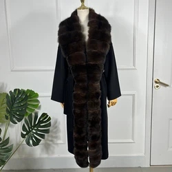 Veste d'hiver en laine noire pour femme avec garniture en fourrure de renard naturel, manteau en fourrure véritable, veste longue en cachemire de luxe, haute qualité