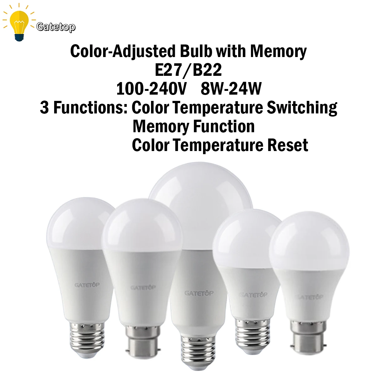 5PCS LED Color-adjusted Bulb E27 B22 AC120V/AC220V 8W-24W CCT,Memory Function,Color Temp Reset Light for Home, office Lighting