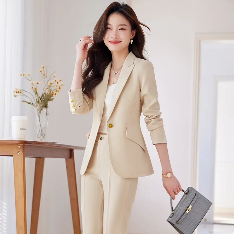 High Quality Pink Apricot Black Purple Ladies Pant Suit Women Female Work Wear Formal Jacket Blazer and Trouser 2 Piece Set