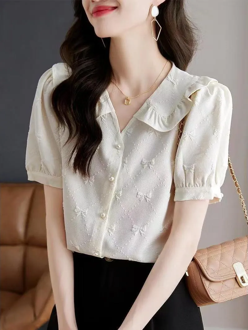 

Shirts Women Cotton Blend Stand Collar Puff Sleeve Workwear Minimalist Office Chic Buttoned Blouse For Mature Lady Everyday