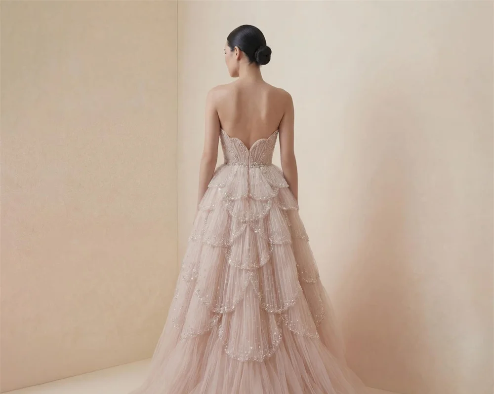 Strapless Scalloped Rhinestone Tiered Petal Tulle High‑Low Evening Gown For Women فستان مساء وردي بلا حمالات مزين بالخرز وطبقا
