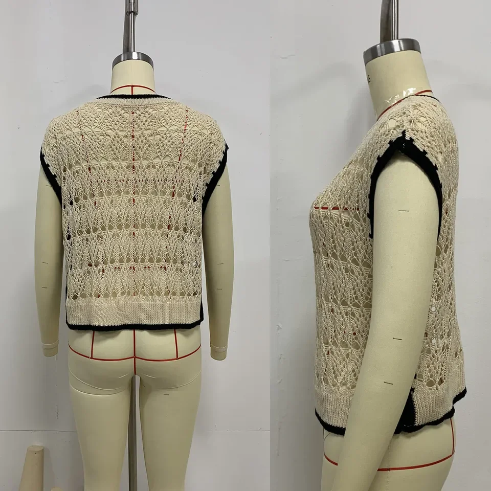 

2026 Spring/Summer Hollow-out Hoodie, New European and American Style Knitted Vest, Cross-over Hollow-out Knitted Top
