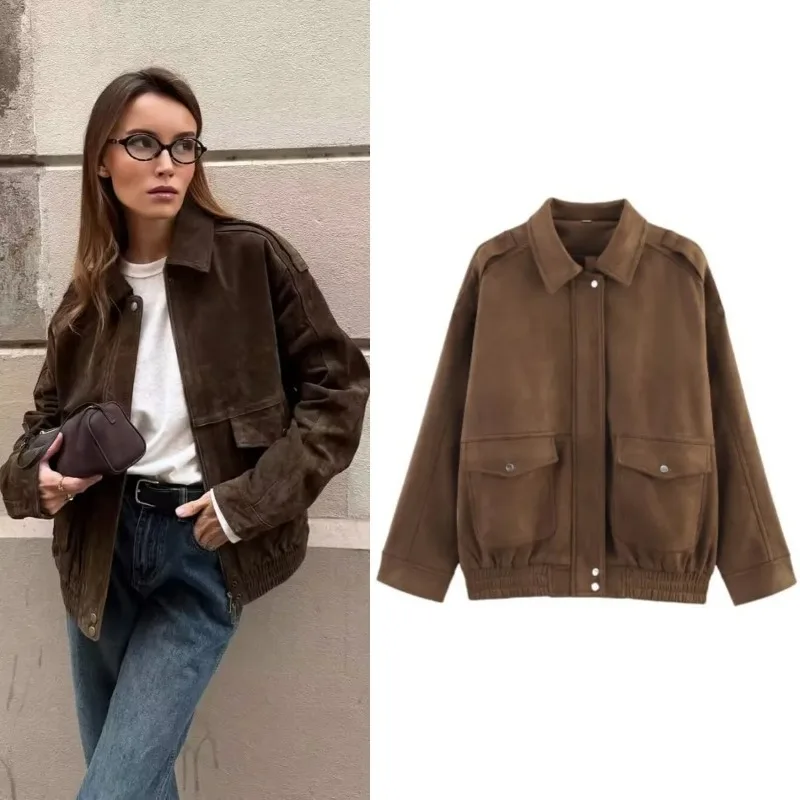 

2026 Spring New Women's Old Style Wind Collar Pocket Loose Edition Suede Bomber Jacket