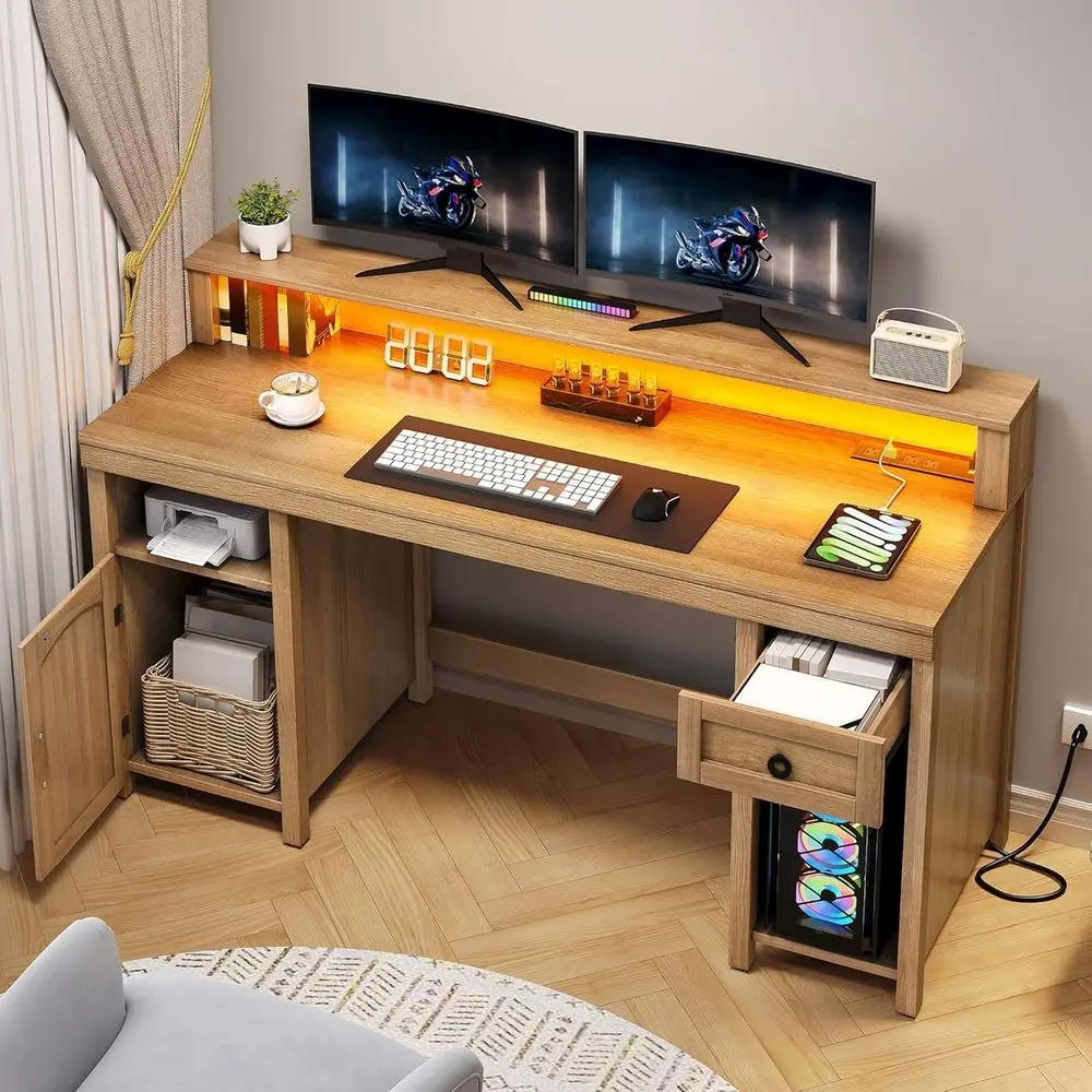 Oak Office Desk with Drawers and Power Outlets, LED-lit Rattan Computer Desk with Monitor Stand, Storage Cabinet Home Office Tab