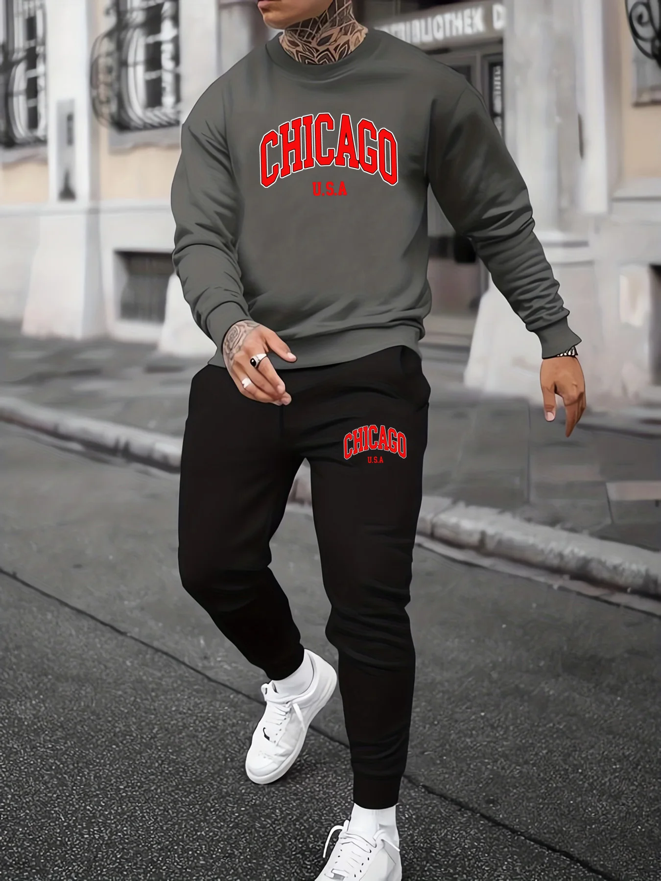 

Men's autumn and winter casual warm CHICAGO USA letter printed loose and thick velvet round neck sweatshirt+sports pants set