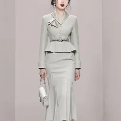 Women's Autumn Winter New Fashion Solid Color Lapel Button Belt Temperament Versatile Long Sleeved Slim Fit Two-piece Dress Set