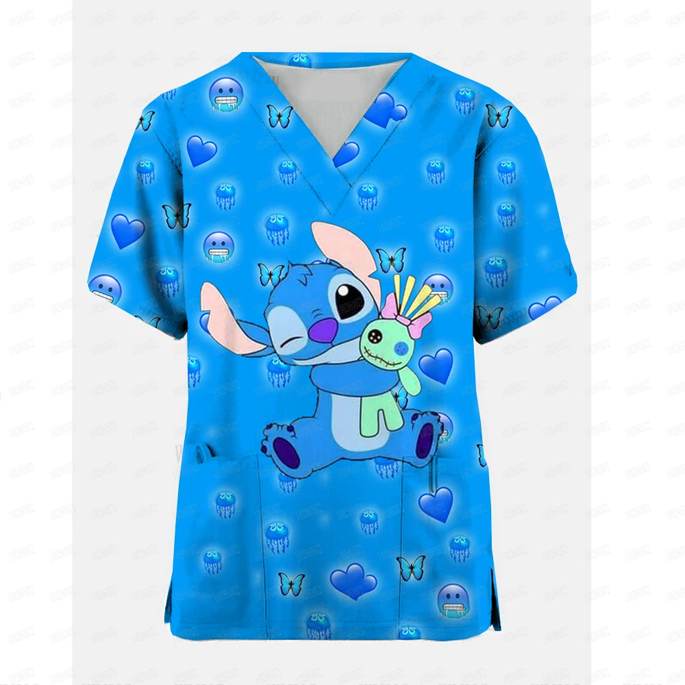 Disney Stitch print Hospital Staff Scrubs Top Medical Sanitary Nursing Uniform Dental Clinic Beauty Caregiver Coveralls