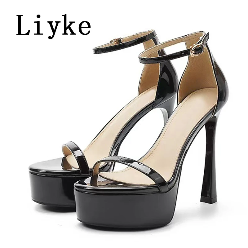 

Liyke Sexy Black Silver Patent Leather High Heels Platform Sandals For Women Fashion Buckle Strap Open Toe Party Dress Shoes