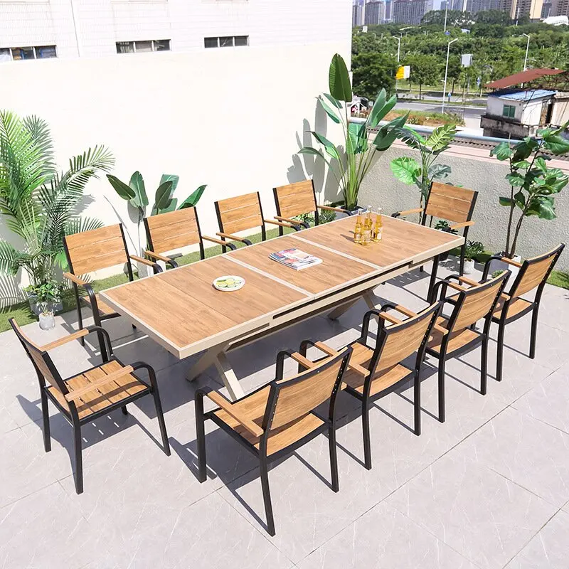 Modern Large Expandable Patio Dining Table Set Outdoor Aluminum Frame Furniture With Durable Plastic Wood For Gatherings