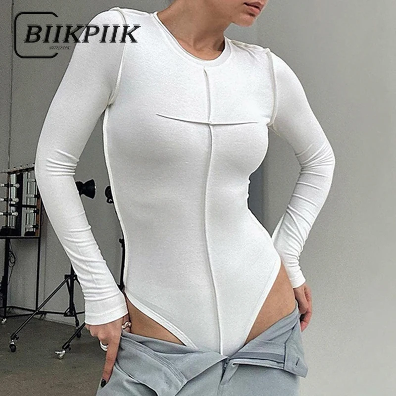 

BIIKPIIK Basic Concise Stitch Women Bodysuits Casual Solid O Neck Long Sleeve Rompers All-match Overalls Fitness Slim Fit Outfit