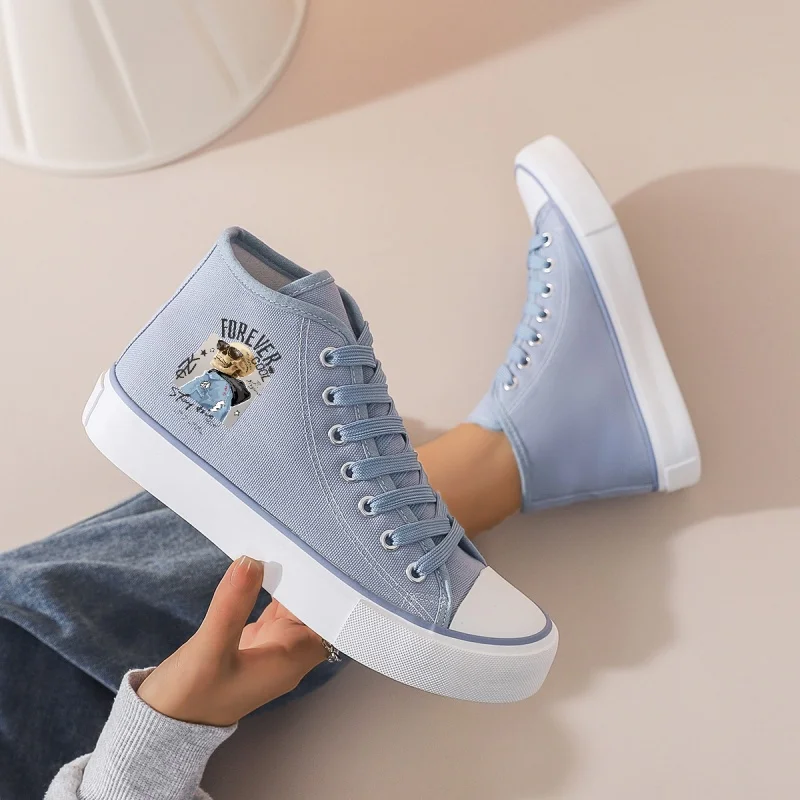 

Women's Light Blue High-Top Canvas Sneakers: Platform Sole, Lace-Up Closure. Cartoon Print, Perfect for Casual & Campus Looks.