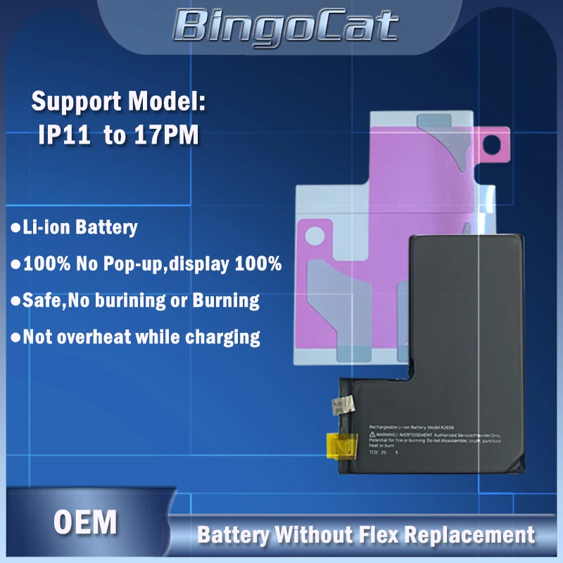

5 шт. аккумуляторных элементов высокой емкости без гибкого кабеля для iPhone 15 Plus, 14 Pro Max, 13 Pro, 11 Pro, 12 mini, SE2, SE3, XR, XS. Замена аккумуляторных элементов.