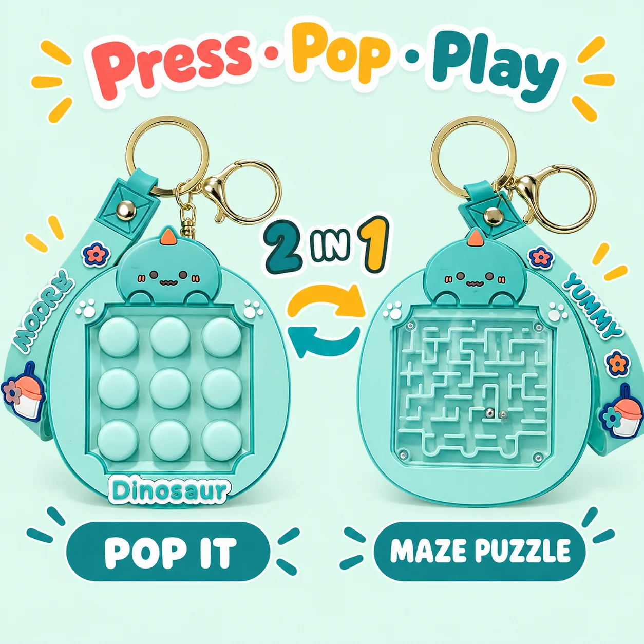 Cute Animal Pop Fidget Keychain Toy Dinosaur Bear Rabbit Duck Silicone Stress Relief Bubble Sensory Toy with Maze | ADHD Anxiety
