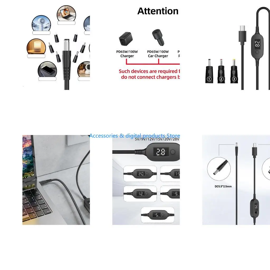 77JD Universal Type C to DC5525 Adjustable Voltages Cable Digital Display High Power