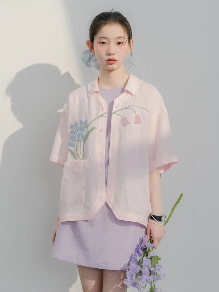 

Оригинальная женская повседневная рубашка Bluwhite с вышивкой крестиком, льняным кубинским воротником и коротким рукавом, розового цвета