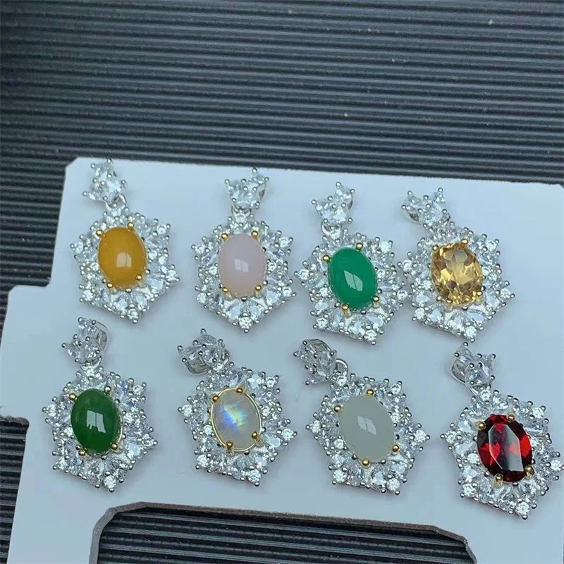 

S925 Sterling Silver Pendants Necklace for Women Yellow Green Chalcedony Pink Opal Moonstone Jade Citrine Fine with Certificate