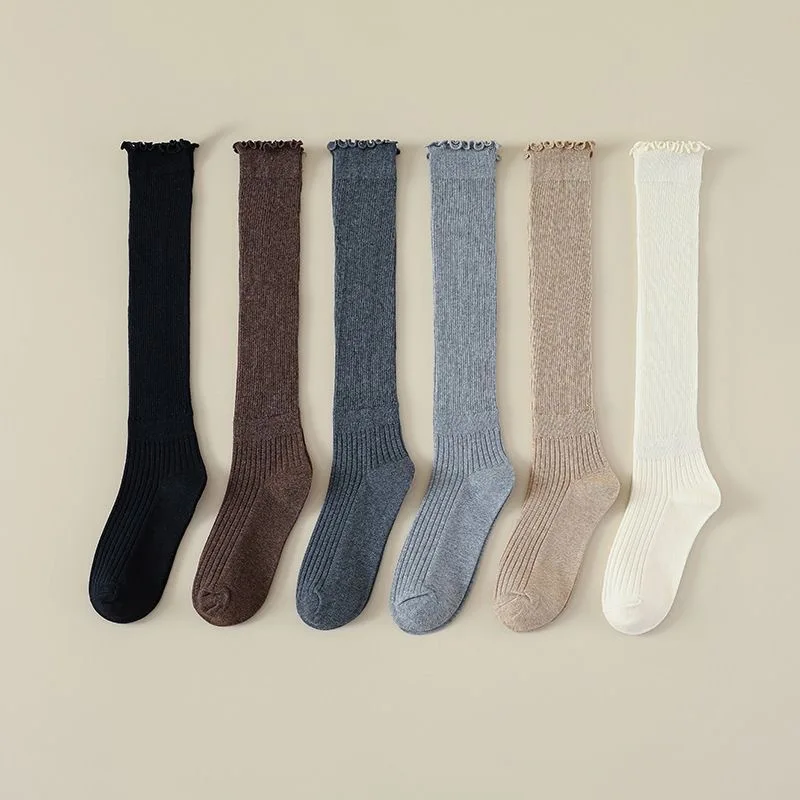 1/6 pairs of calf socks women's spring autumn style pure cotton mid tube socks solid color sweat absorbing simple casual socks