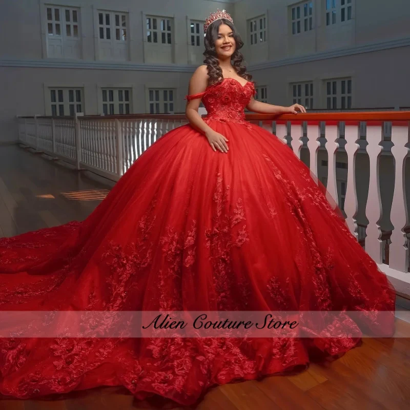 

Red Quinceanera Dress off-shoulder Glitter Crystal 3D Flower Decal Long tail vestidos de 15 Quinceanera ﻿Customiz