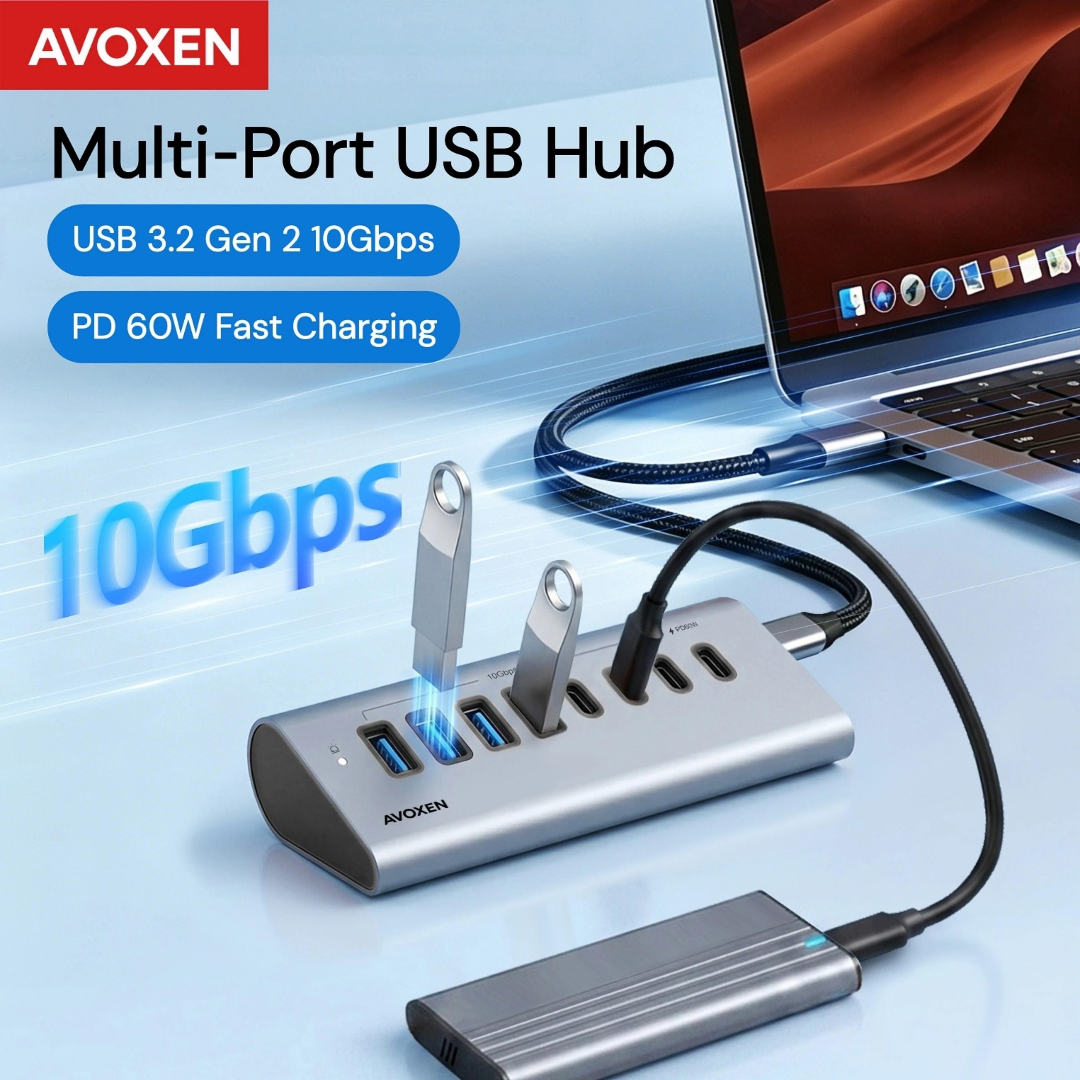 USB Hub 3.2 Gen 2 10Gbps PD 60W Fast Charging Multiple Ports Powered External Power Aluminum Type C Splitter for PC Laptop