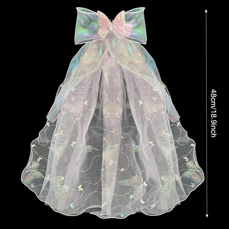 Girls Princess Veil Hairpin, Gradient Shimmer Tulle Bow with Butterfly Decor, Children Party Wedding Birthday Hair Decoration