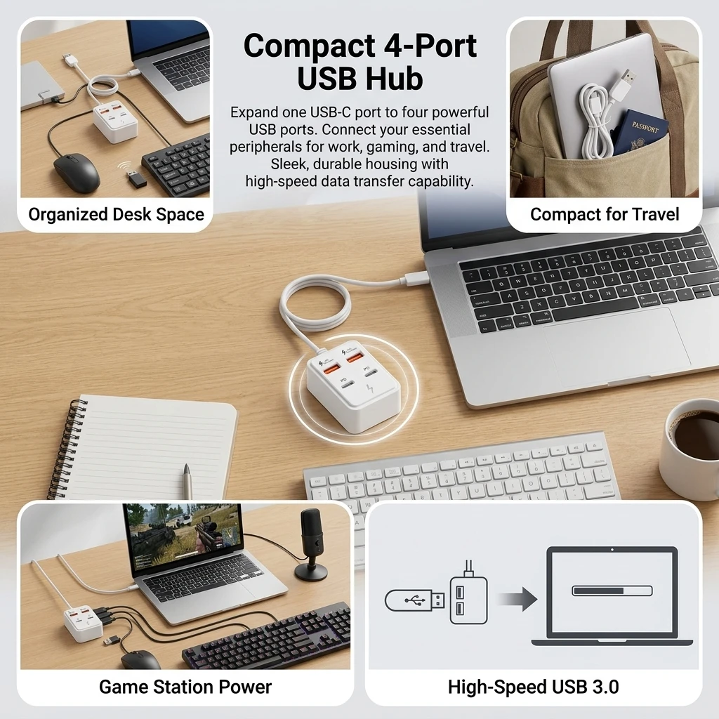 USB Hub High-Speed Data Transfer USB Expansion Dock for Office Laptop Desktop Aluminum Alloy Multi Port Adapter Durable