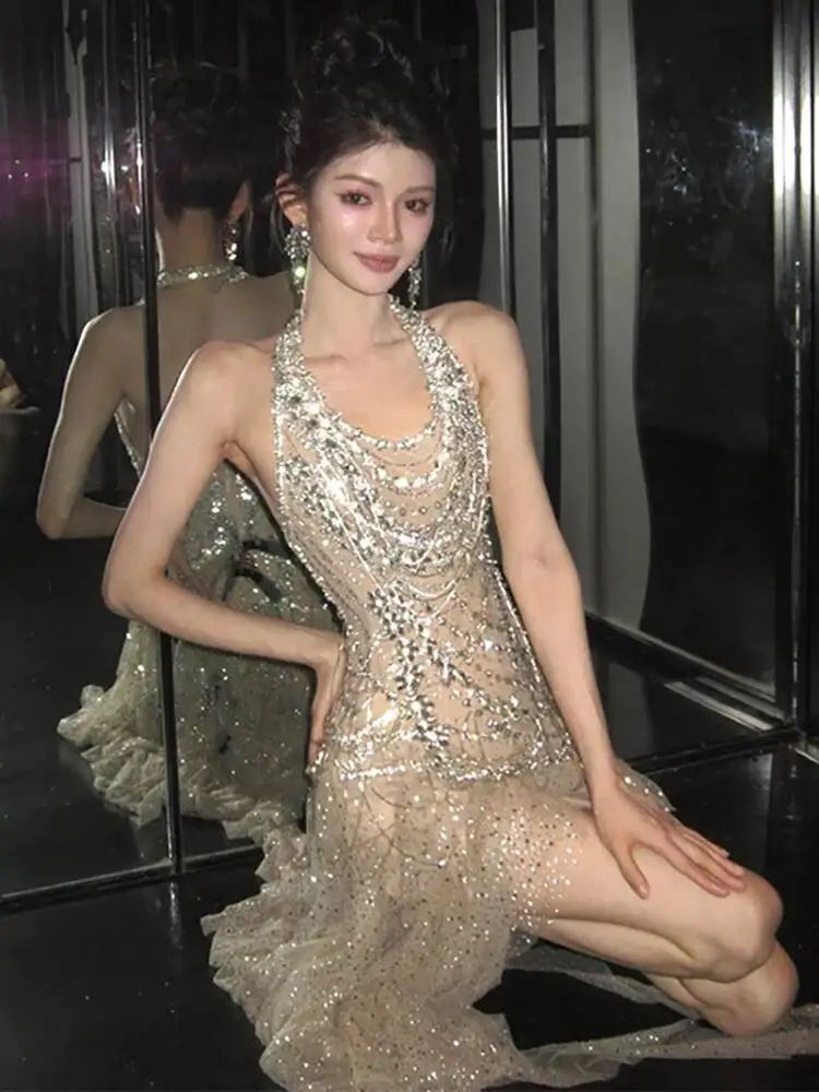 Fashion Beading Flashing Hanging Neck Dress Women's Slim Waist Contraction High Split Ankle-length Party Dresses New JCRJ