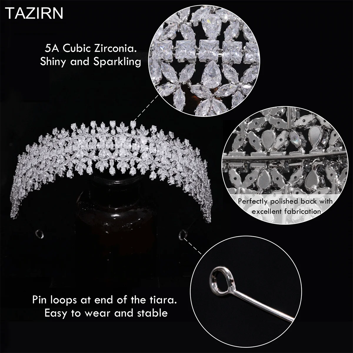TAZIRN 5A Cubic Zirconia Sweet 16 Princess Headband CZ Wedding Bridal Tiaras Handmade Zircon Party Prom Hair Jewelry for Women