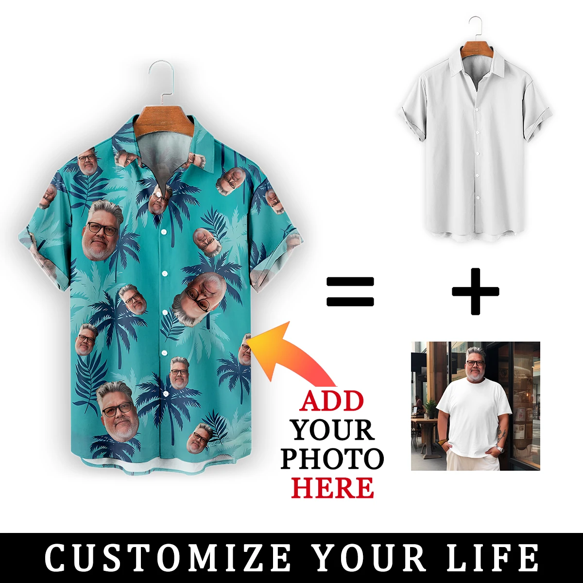 Camisa havaiana de rosto personalizado para homens e mulheres Camisas extragrandes Design personalizado Festa na praia Presente de aniversário Verão