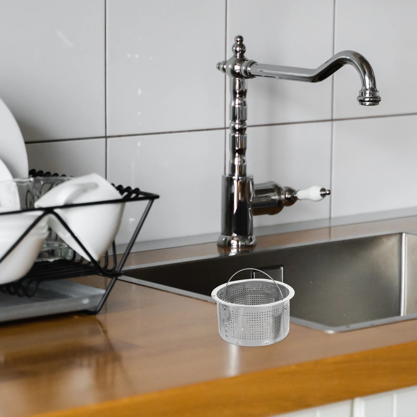 

2Pcs Metal Kitchen Sink Strainer Stainless Steel Drain Basket with Handle Fine Mesh Filter for Food Scraps Quick Installation No