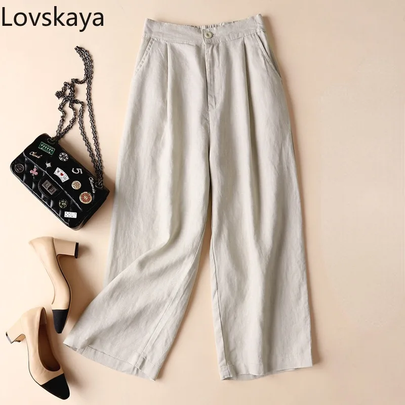 

Casual loose women's pants loose cropped pants summer cotton linen wide leg pants linen thin style