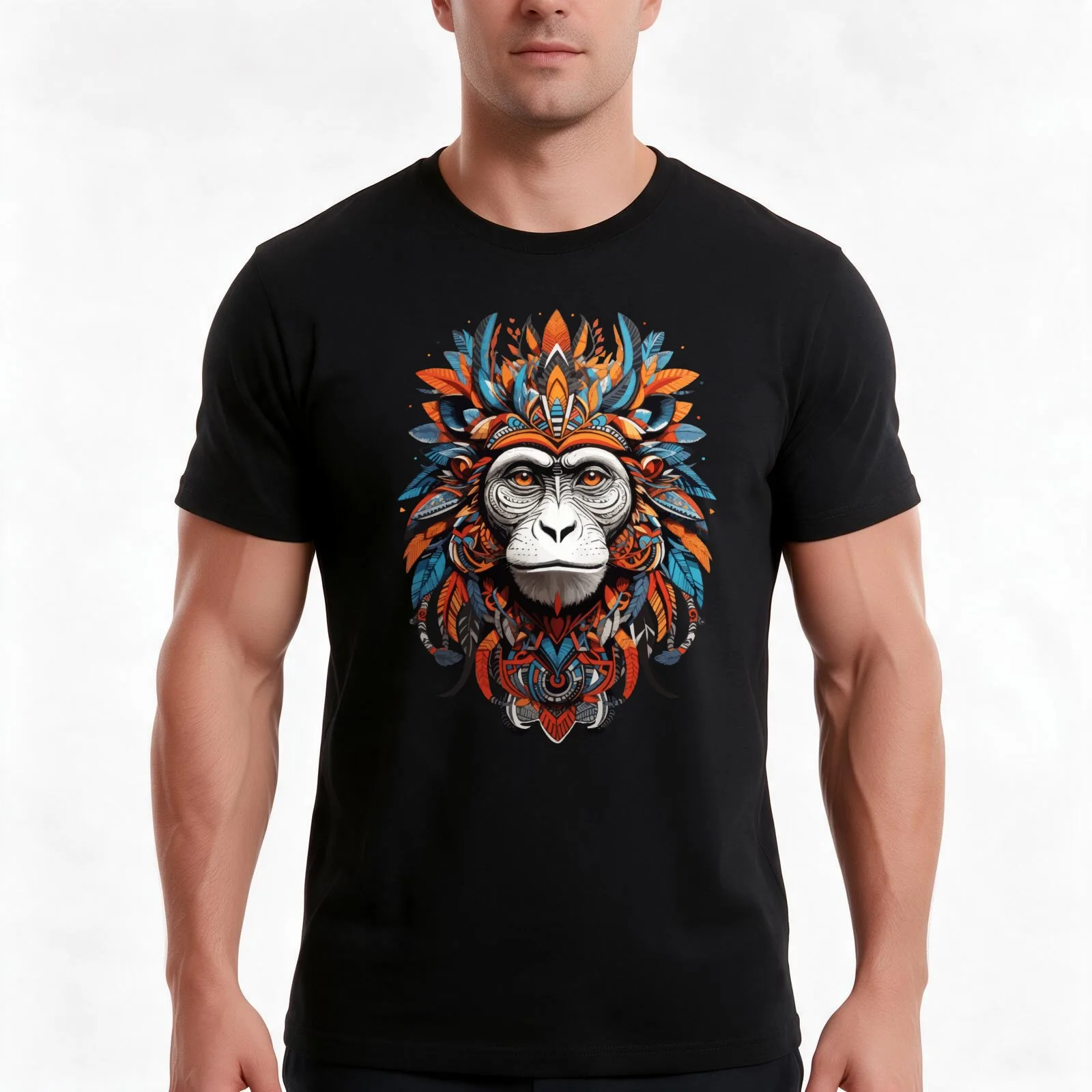 Monkey in tribal style T-Shirt, Summer Casual Cotton Tee, Oversized Streetwear Tops, Vintage Graphic Print, Unisex Men Women