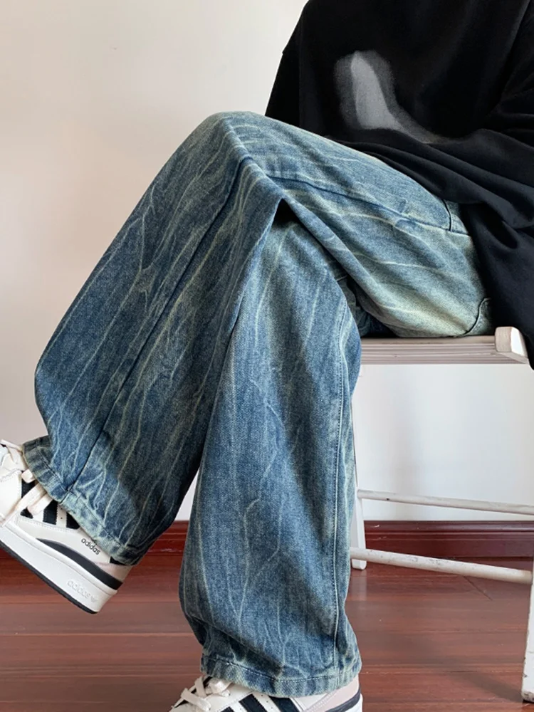 

Retro American Waed Craed Denim Jeans Men's Trendy High Street Vibe Haome Loose Straight Leg Wide Leg Long Pants