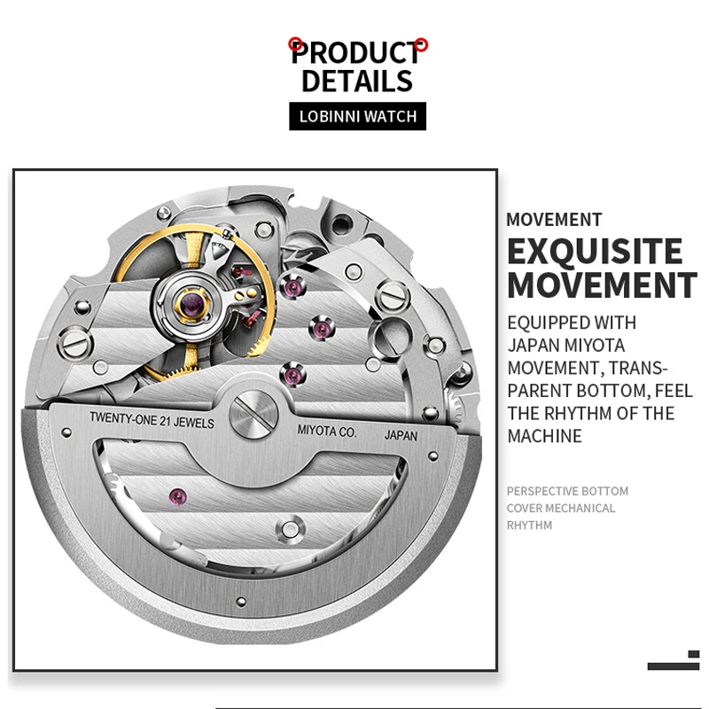 LOBINNI رجال الأعمال التلقائي ساعة اليد الميكانيكية متعددة الوظائف جوفاء دولاب الموازنة ساعة الياقوت الزجاج Waterpoor ساعة