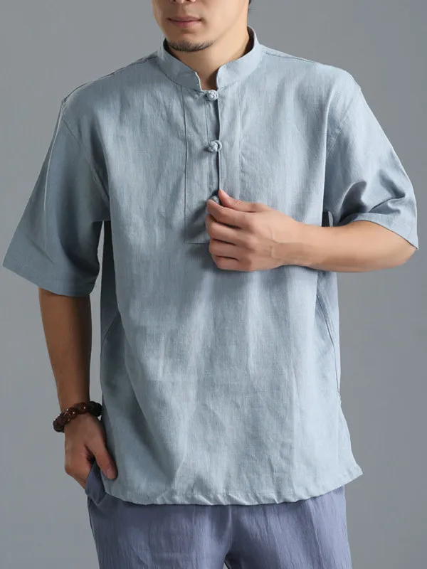 loose-casual-short-sleeve-t-shirt-men's-new-chinese-retro-style-fashionable-trendy-button-up-collar-cotton-linen-blend-top