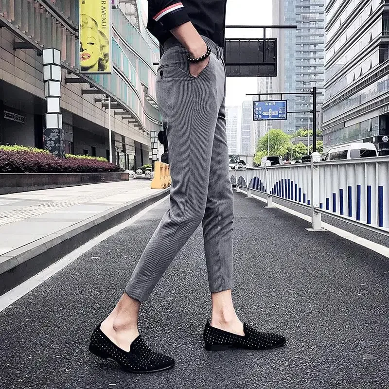 Business Man Suits Pants Striped Gray Trousers for Men Social Tailoring Spandex Up Vintage Korean Style Clothes Reviews Many