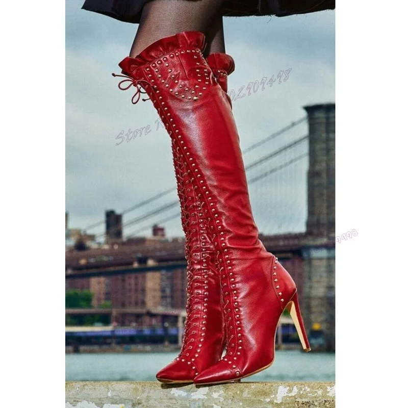 Red Cross Tied Rivet Ruffles Boots Knee High Pointy Toe Shoes for Women Thin High Heels Christmas Shoes 2023 Zapatos Para Mujere