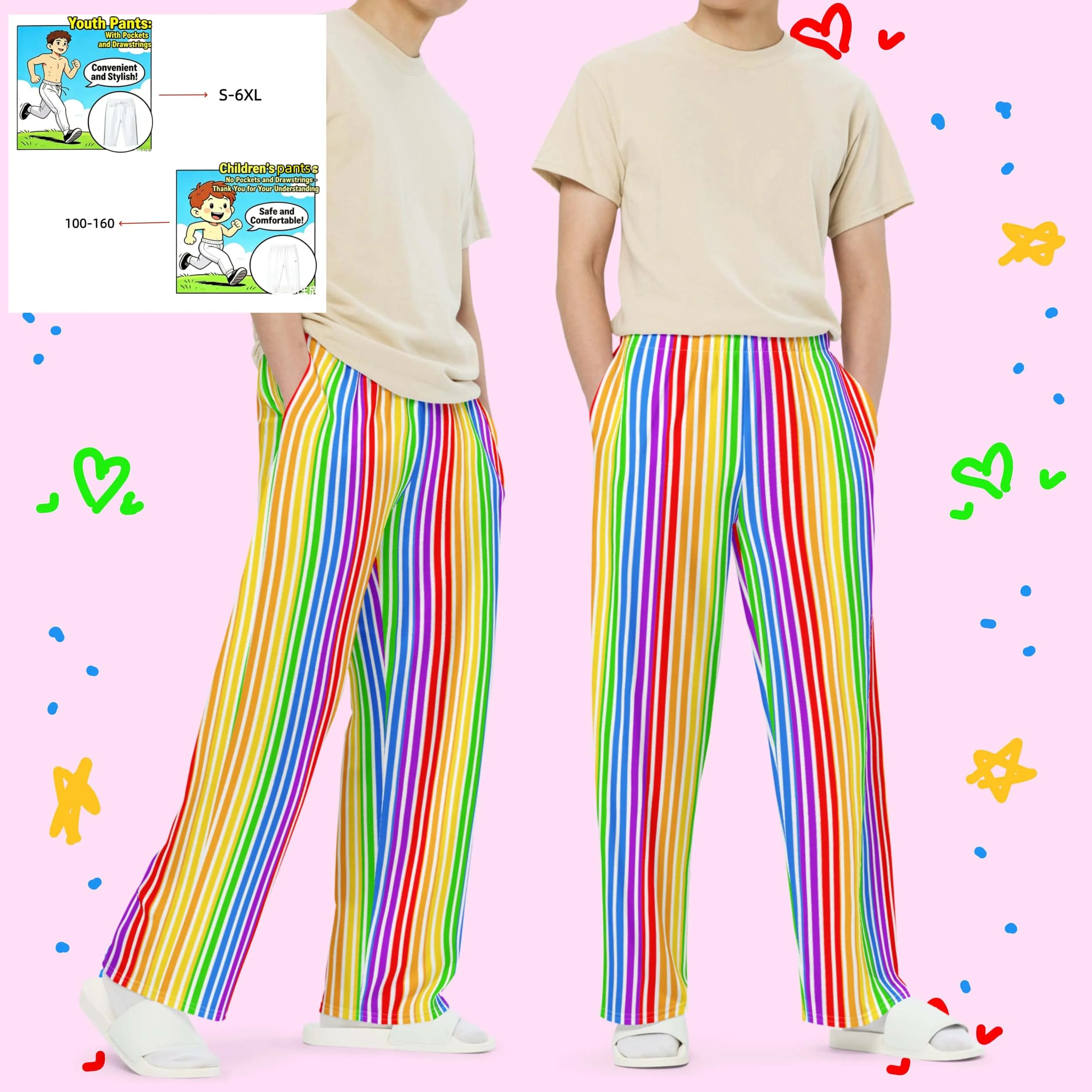 Farblich abgestimmte, regenbogenfarbene, gestreifte Hosen für Eltern und Kinder, Paare, locker sitzende Freizeithosen für Kinder und Erwachsene – Detail 5