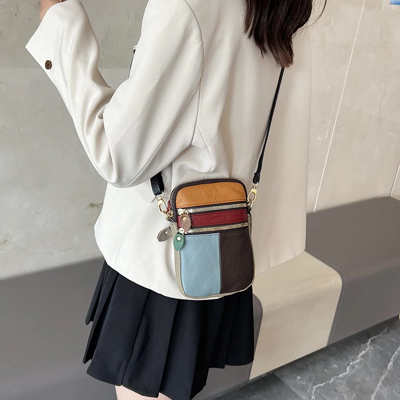 100% Genuine Leather Women Shoulder Bag Multi Zipper Soft Cowhide Girls  Small Mobile Phone bag Color Stitching Color Random