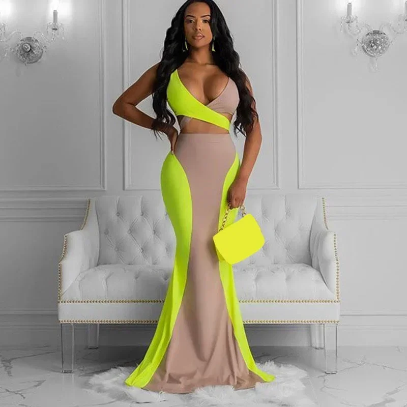 

GUWU Color Patchwork Two Piece Set Sexy Wrap V Neck Sleeveless Lace Up Crop Top Bodycon Maxi Skirt Suit Women Party Clubwear