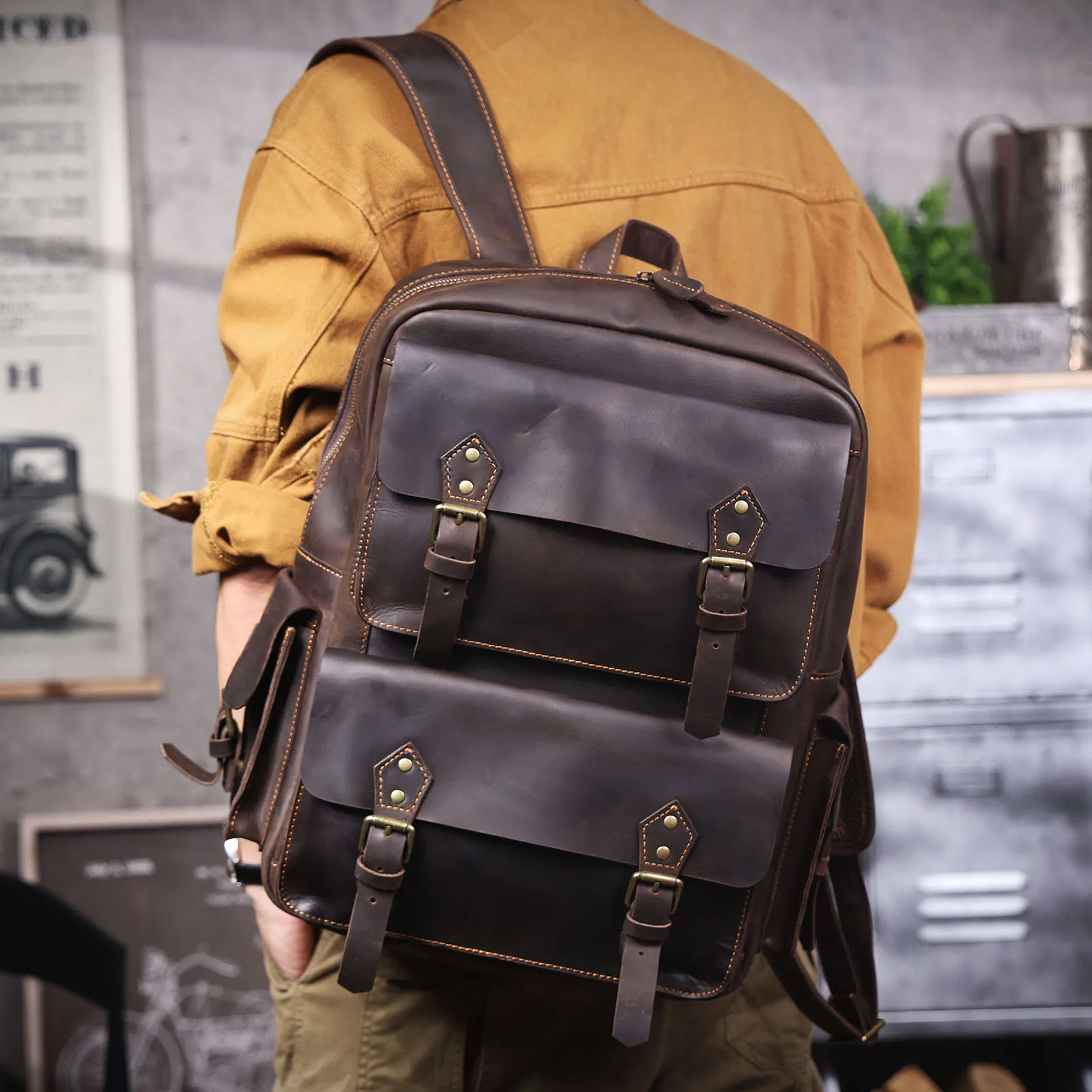 S.WORKER Vintage Echtleder-Rucksack für Herren, Große Laptop-Schultertasche aus Rindsleder, Klassische Vintage Crazy Horse Schultasche für Reisen – Detail 4