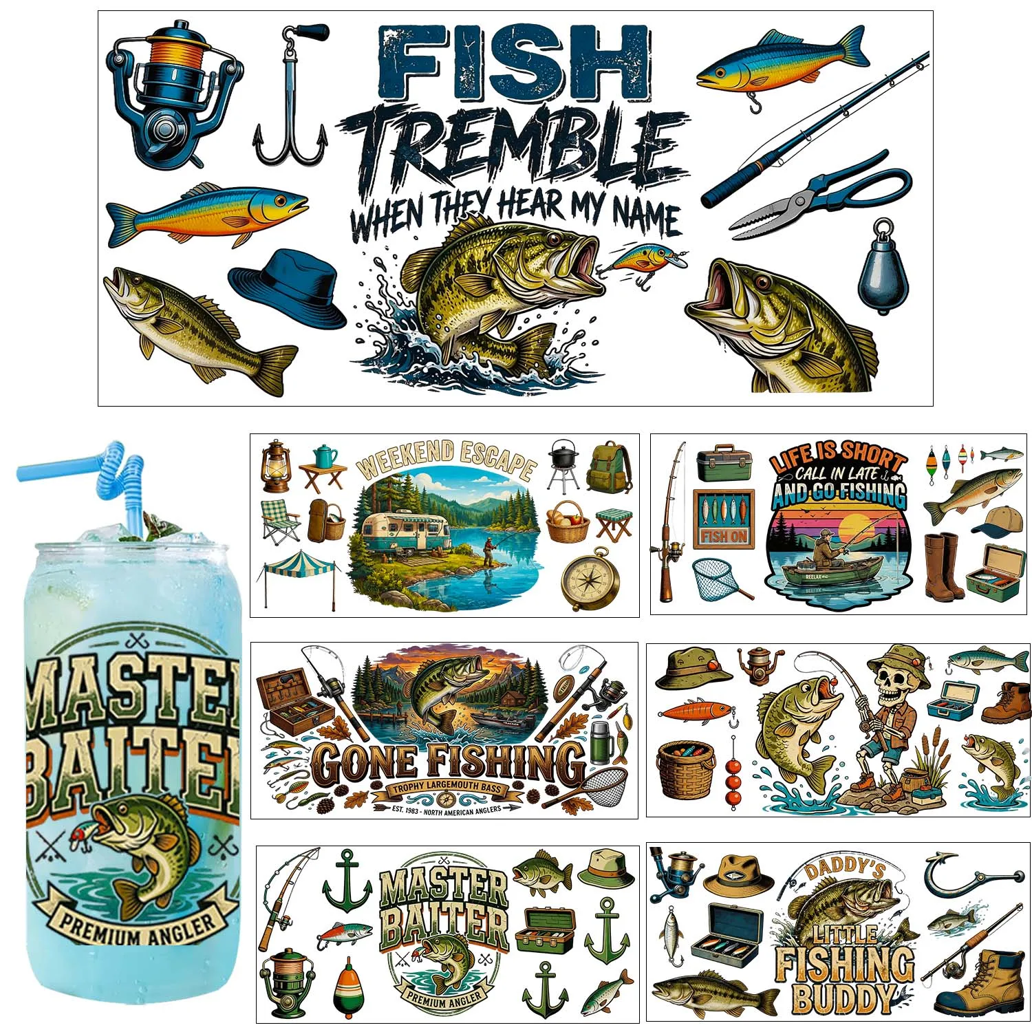 Master Baiter Fishing UV DTF Transfer Sticker Waterproof DIY Decals 3D Transfers UVDTF Sticker 16oz UV DTF Cup Wraps