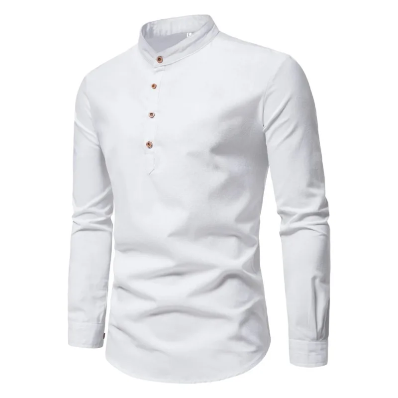 Camisas masculinas de cor sólida de algodão puro primavera e outono, camisas elegantes de manga comprida com gola alta, camisas masculinas justas