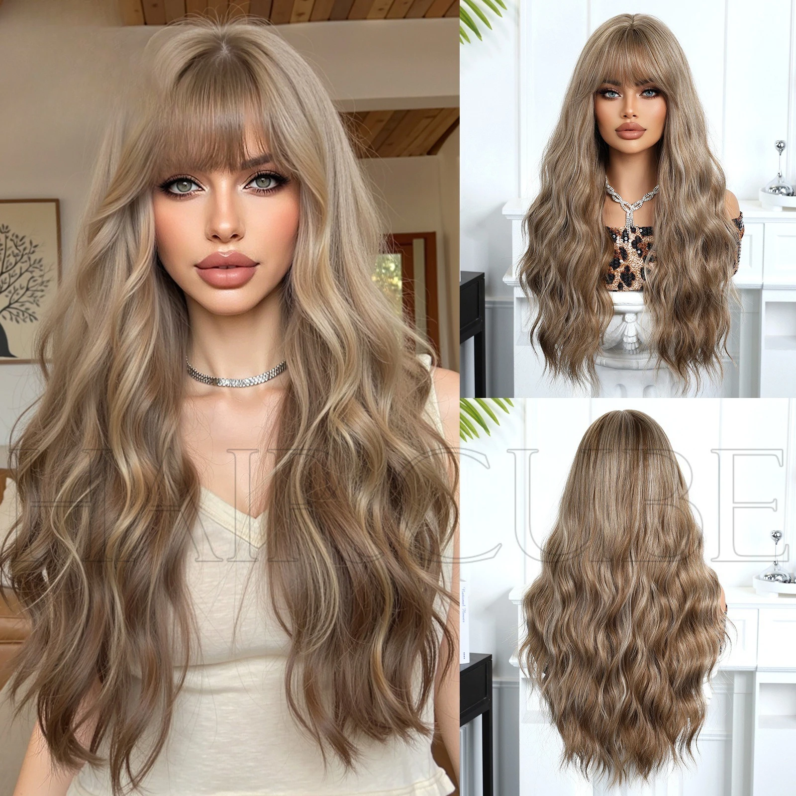 

wig, headgear, chemical fiber hair, full mechanism, bangs, long curly hair, high temperature silk highlights, women