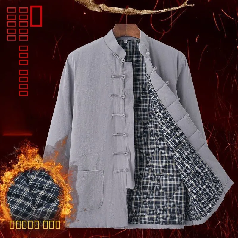 

Утепленная зимняя куртка из вельвета для мужчин: ретро-стиль, хлопок и лен, традиционный китайский костюм, теплая стеганая куртка для среднего возраста